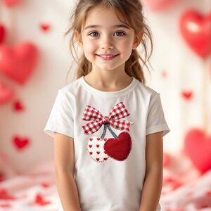 Valentine's Day Gingham Bow & Fabric Heart Cherries T-shirt 2T-5T S M L XL new